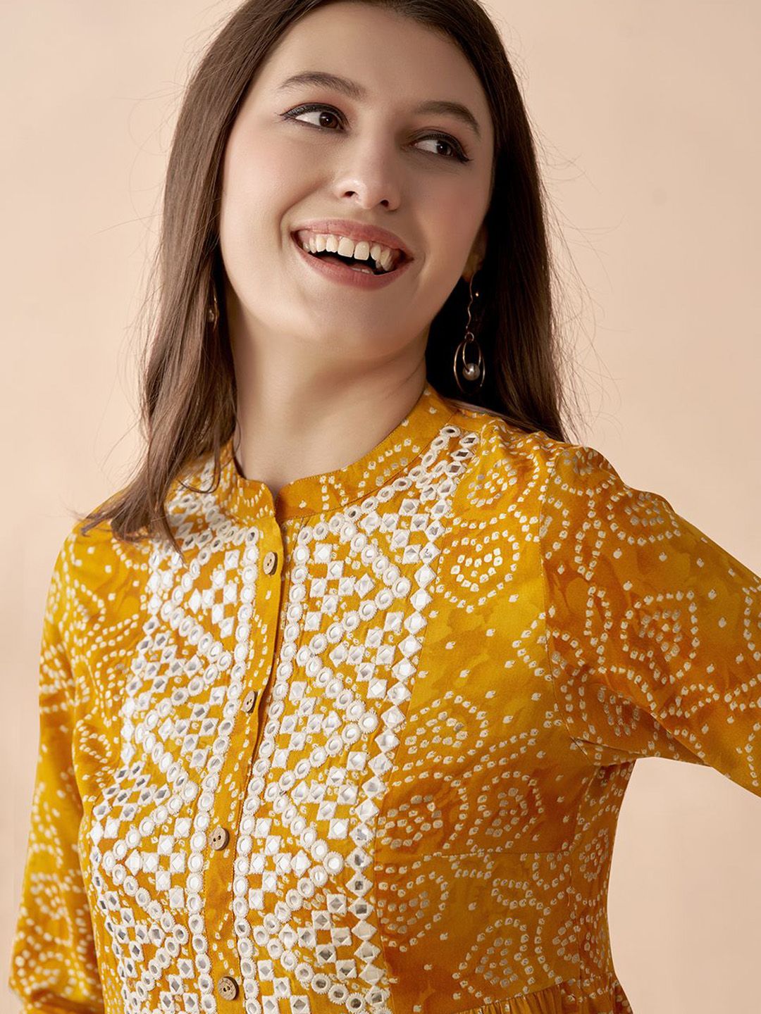 Anouk Bandhani Printed Thread Work A-Line Short Kurti