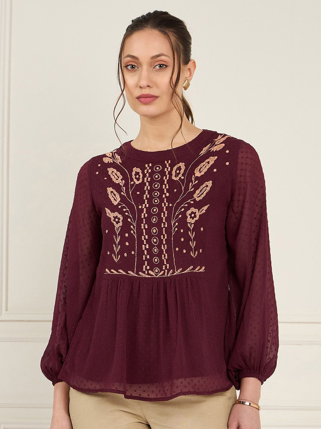 Antheaa Self Designed Mandarin Collar Embroidered Chiffon Top