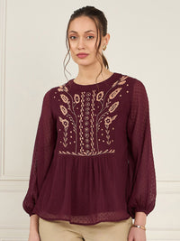 Antheaa Self Designed Mandarin Collar Embroidered Chiffon Top