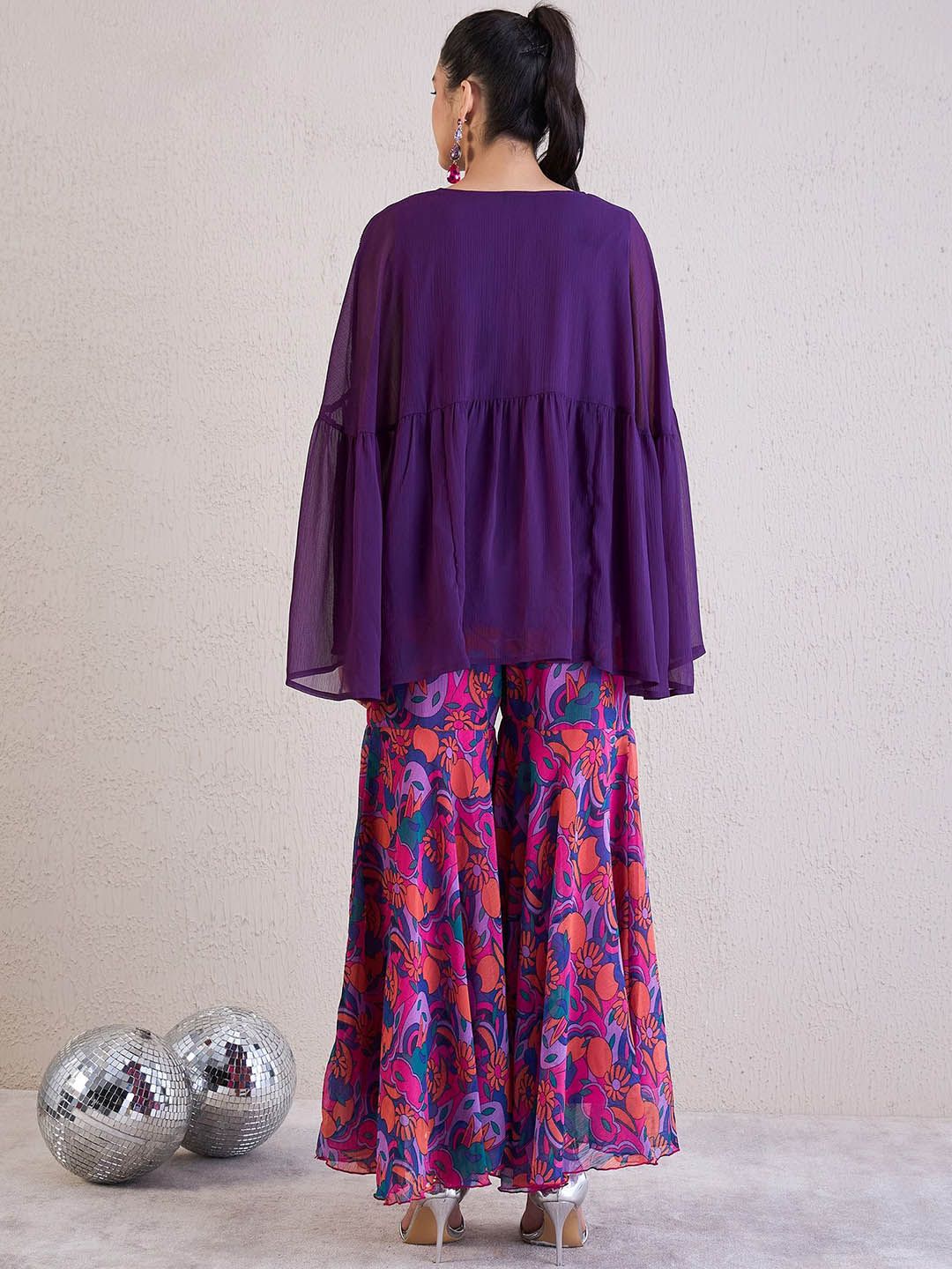 Antheaa Purple Embellished V-Neck Three Quarter Sleeve Top & Sharara