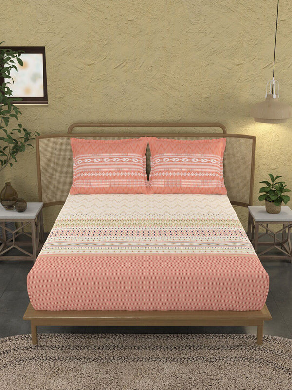 MYTRIDENT Ikkat Peach Sanskriti Flat 144TC King Cotton Bedsheet Set