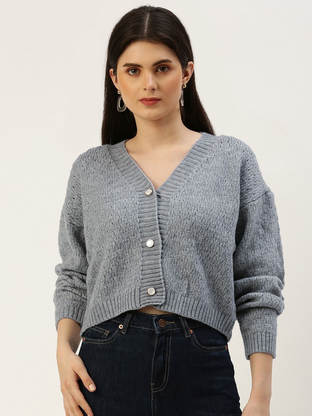 AND Self Design Knitted Drop Shoulder Sleeves Crop Top With Inner Slip