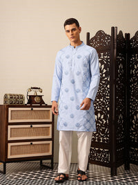 House of Pataudi Floral Embroidered Mandarin Collar Thread Work Jashn Kurta with Trousers