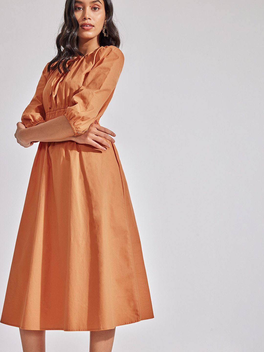 The Label Life Tie-Up Neck Smocked Fit & Flare Cotton Midi Dress
