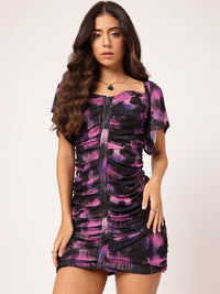 DressBerry Sassy Silhouette Printed Ruched Flared Sleeve Mini Dress