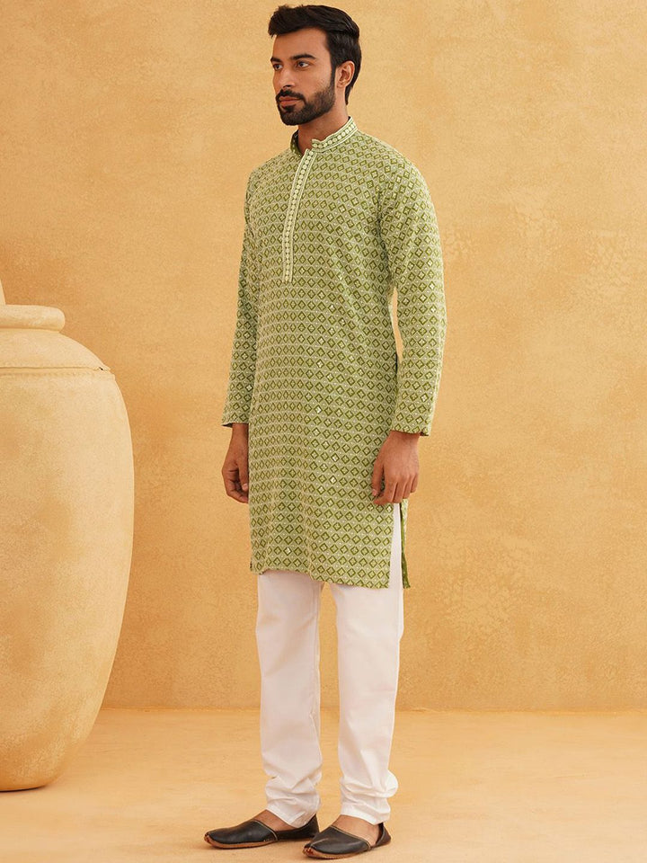 SOJANYA Geometric Embroidered Regular Sequinned Pure Cotton Kurta With Churidar