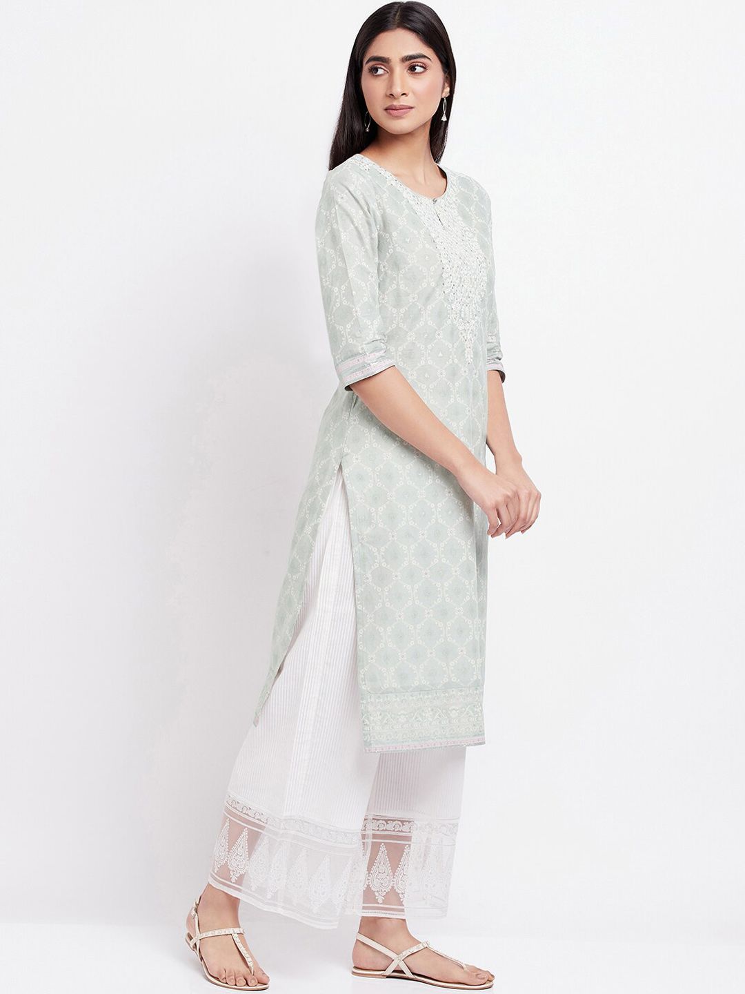 W Green & White Ethnic Printed Thread Work Sequined Pure Cotton Kurta with Palazzos