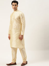 SOJANYA Men Cream-Coloured & Navy Blue Solid Kurta with Churidar & Jacket