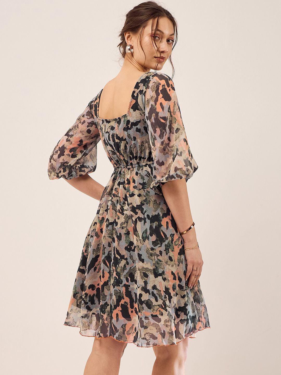 Antheaa Black Abstract Printed Puff Sleeves Gathered Fit & Flare Dress