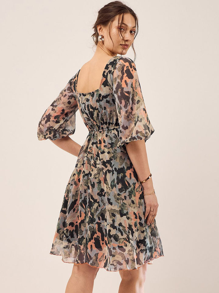 Antheaa Black Abstract Printed Puff Sleeves Gathered Fit & Flare Dress