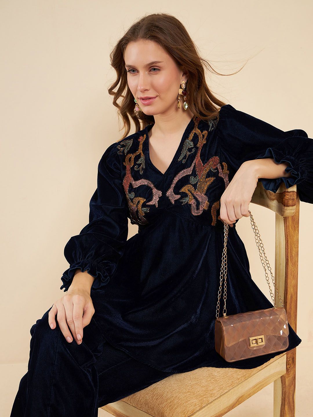 Antheaa Navy Blue Embroidered V-Neck Tunic With Trouser