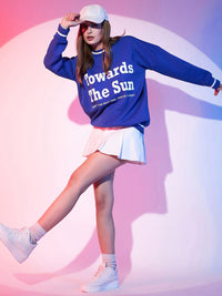 STREET 9 Blue Typography Printed Drop Shoulder Pullover Fleece Sweatshirt