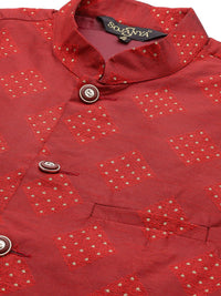 SOJANYA Men Maroon Kurta dengan Churidar dengan Jaket Nehru