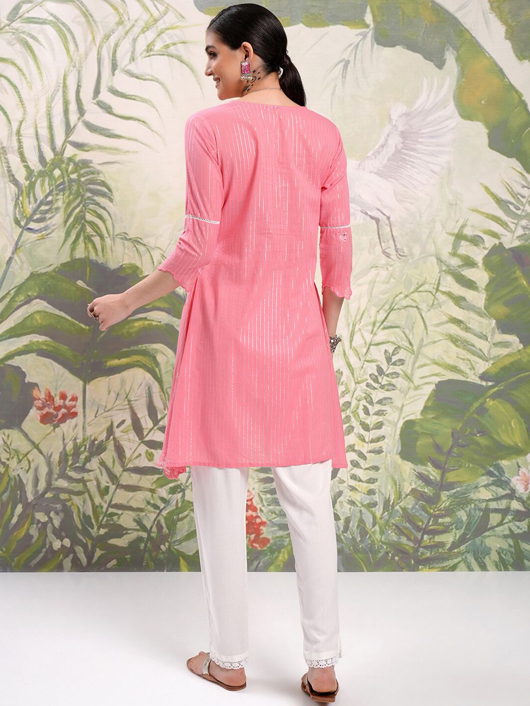 Vishudh Pink Floral Embroidered Thread Work Pure Cotton A-Line Kurta With Trousers