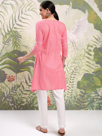 Vishudh Pink Floral Embroidered Thread Work Pure Cotton A-Line Kurta With Trousers