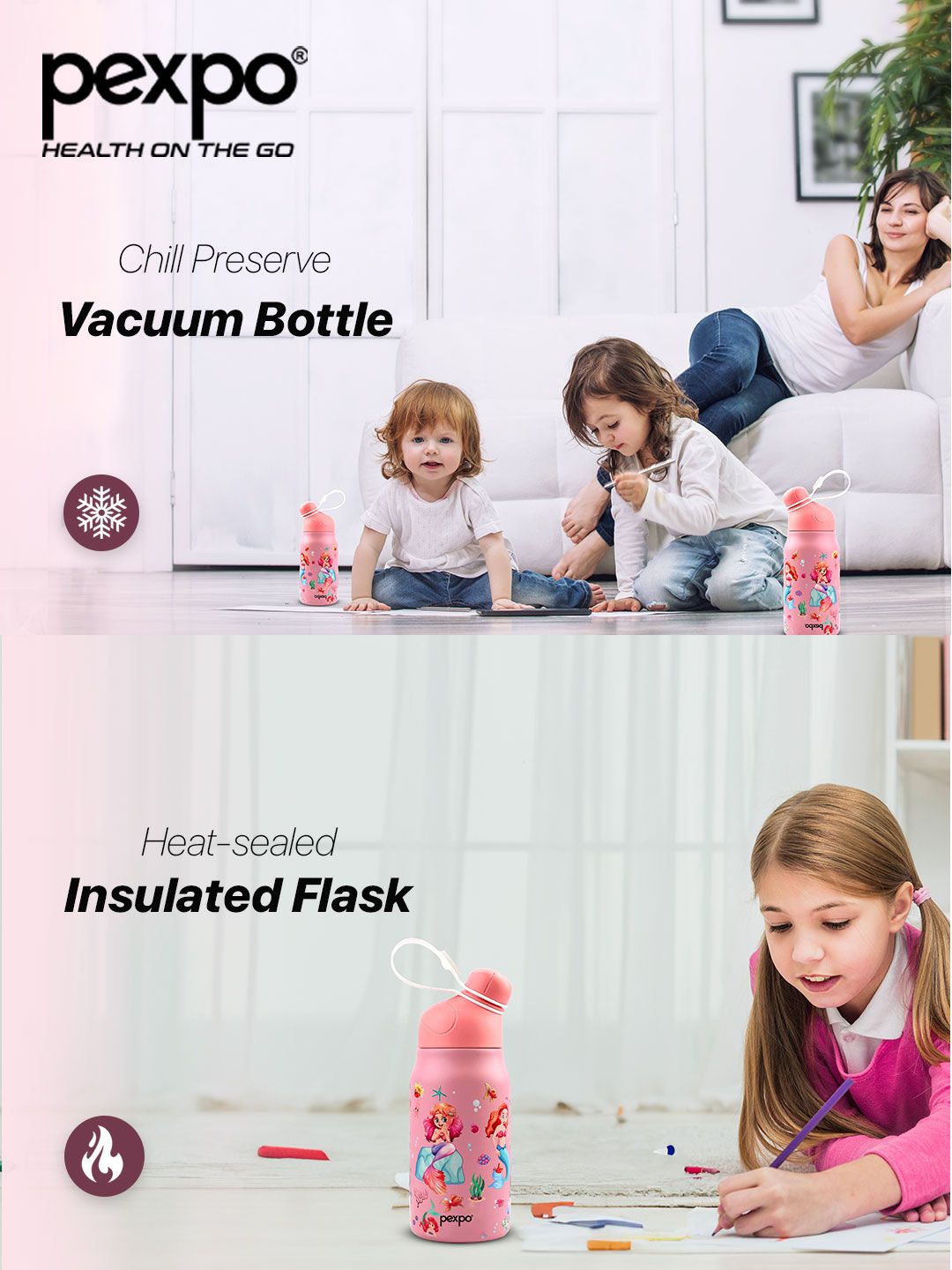 Pexpo Piano Pink Double Wall Thermosteel Hot & Cold Mermaid Botol Air Bertebat 425ml