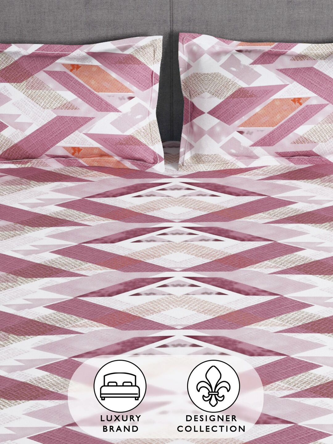 Story@home White & Pink Geometric 180 TC Queen Bedsheet with 2 Pillow Covers