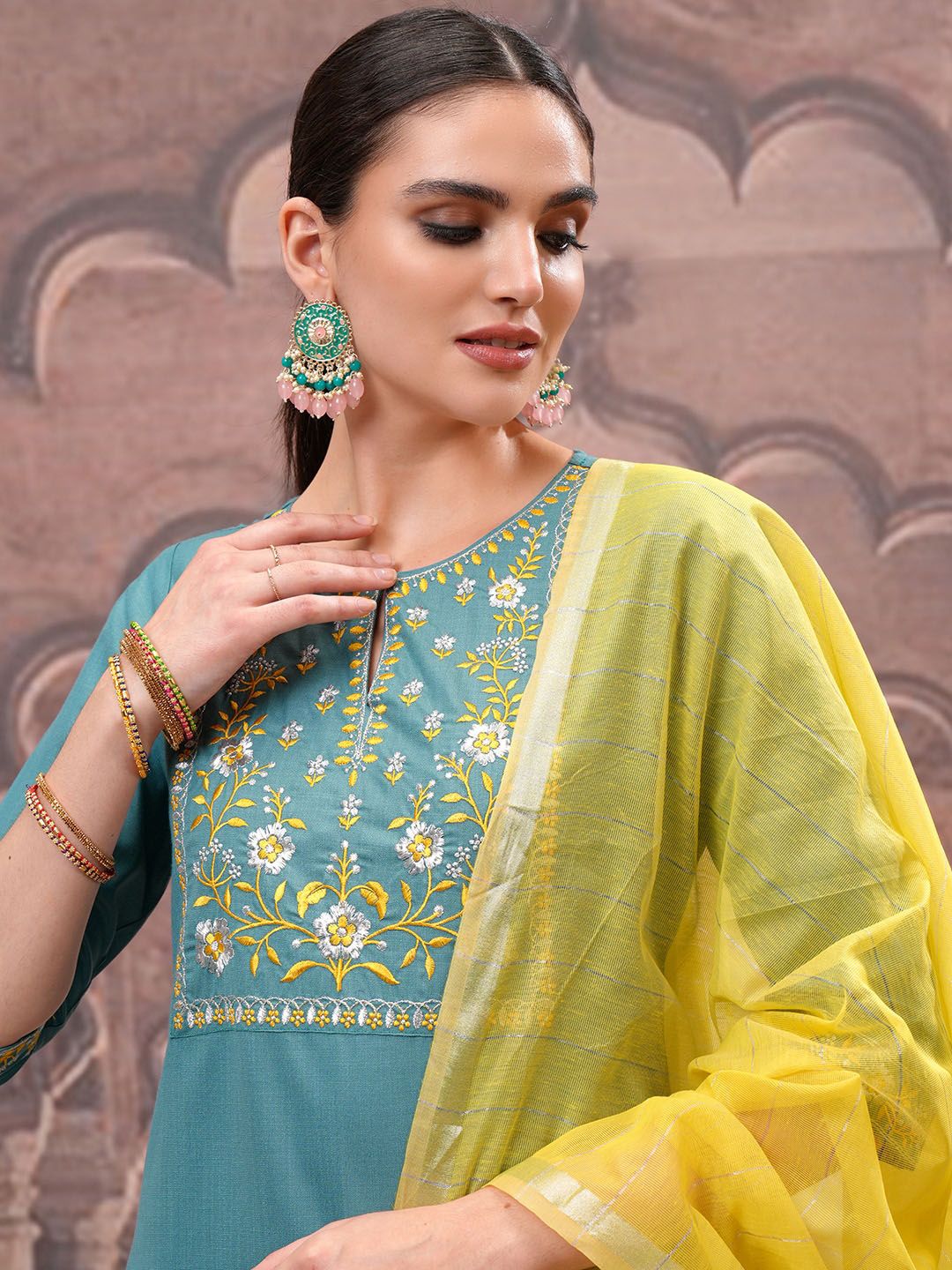 Vishudh Turquoise Blue Embroidered Straight Kurta with Palazzo & Dupatta