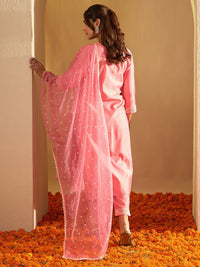 Indo Era Floral Embroidered Liva V-Neck Straight Kurta With Trousers And Dupatta