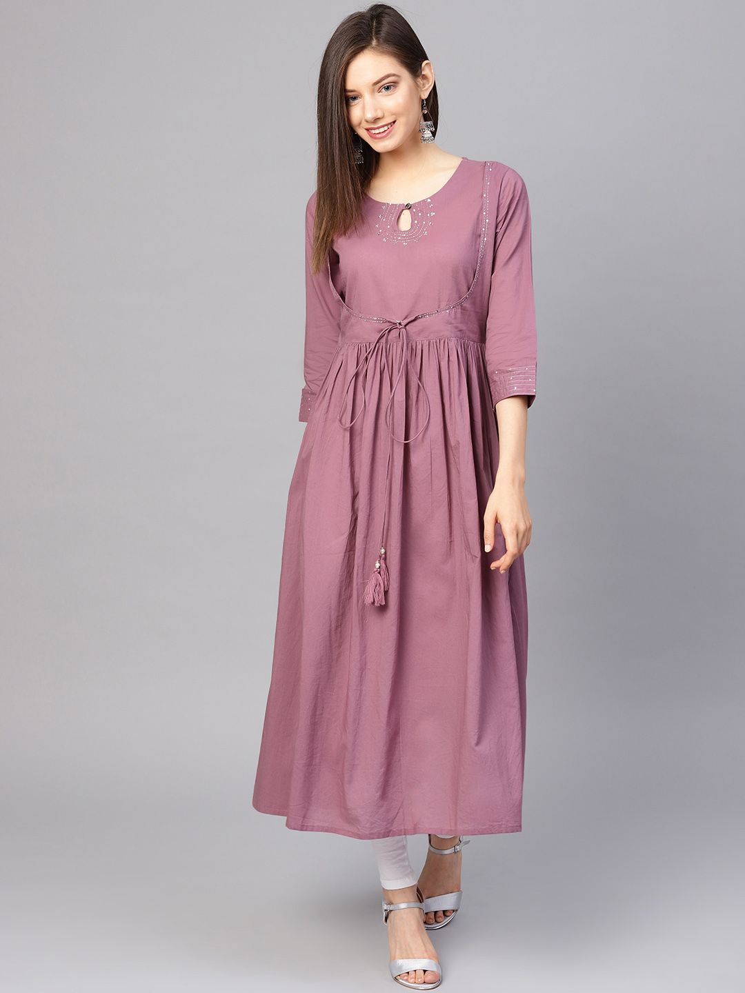 Varanga Women Mauve Sequinned Pure Cotton Gathered Keyhole Neck Kurta with Zari Work