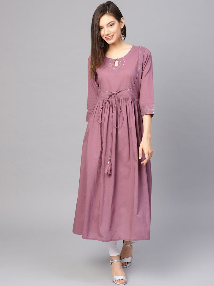 Varanga Women Mauve Sequinned Pure Cotton Gathered Keyhole Neck Kurta with Zari Work