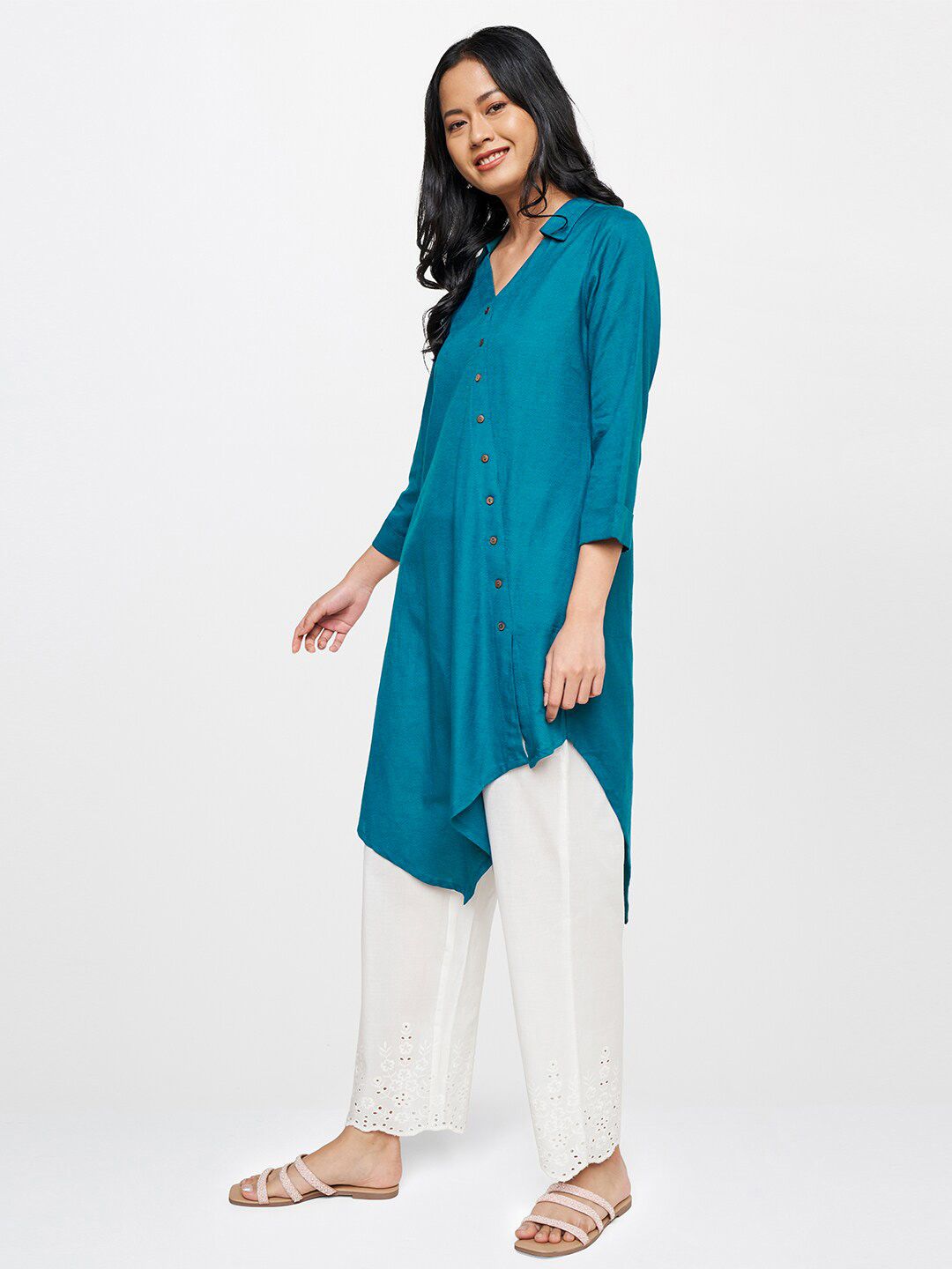 Global Desi Women Teal Solid Rayon Shirt Collar Tunic