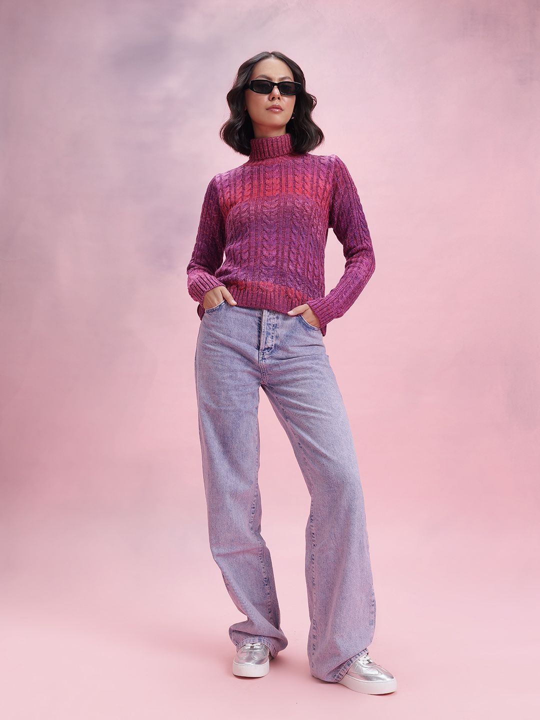 DressBerry Turtle Neck Cable Knit Design Acrylic Pullover