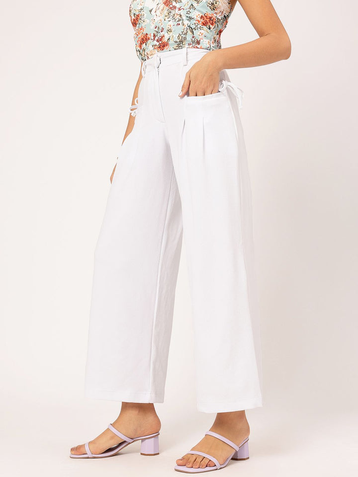 DressBerry Women Pleated Perfection Textured Bow Detail Flared Trousers