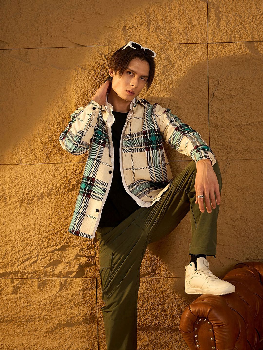 DENNISON Men Double Pocket Drop Shoulder Oversized Cotton Checked Shacket