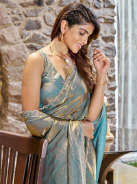 Saree Mall Teal blue Pure Chiffon  Embellished Party Wear Saree with Matching Blouse