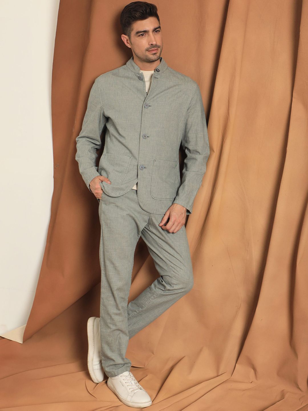 RARE RABBIT Men Trex Tailored Fit Mandarin Collar Cotton Jacket