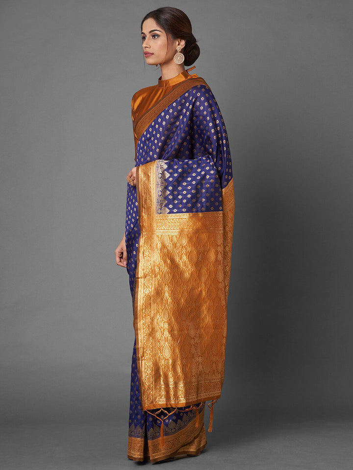 Saree mall Navy Blue & Mustard Zari Silk Blend Banarasi Sarees