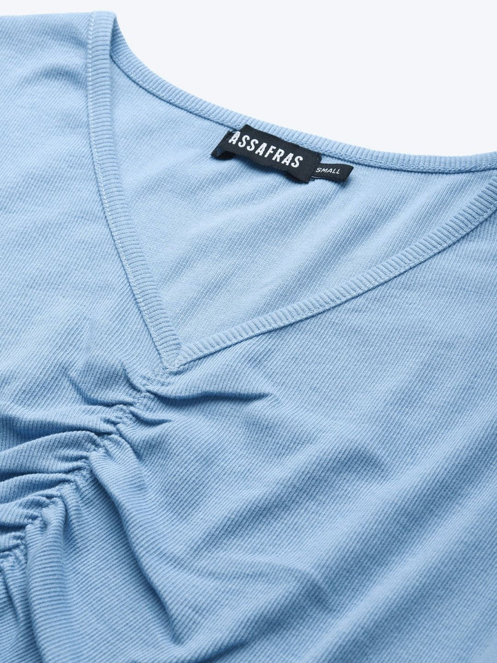 Sassafras Blue Ribbed V-Neck Ruched Fitted Crop Top
