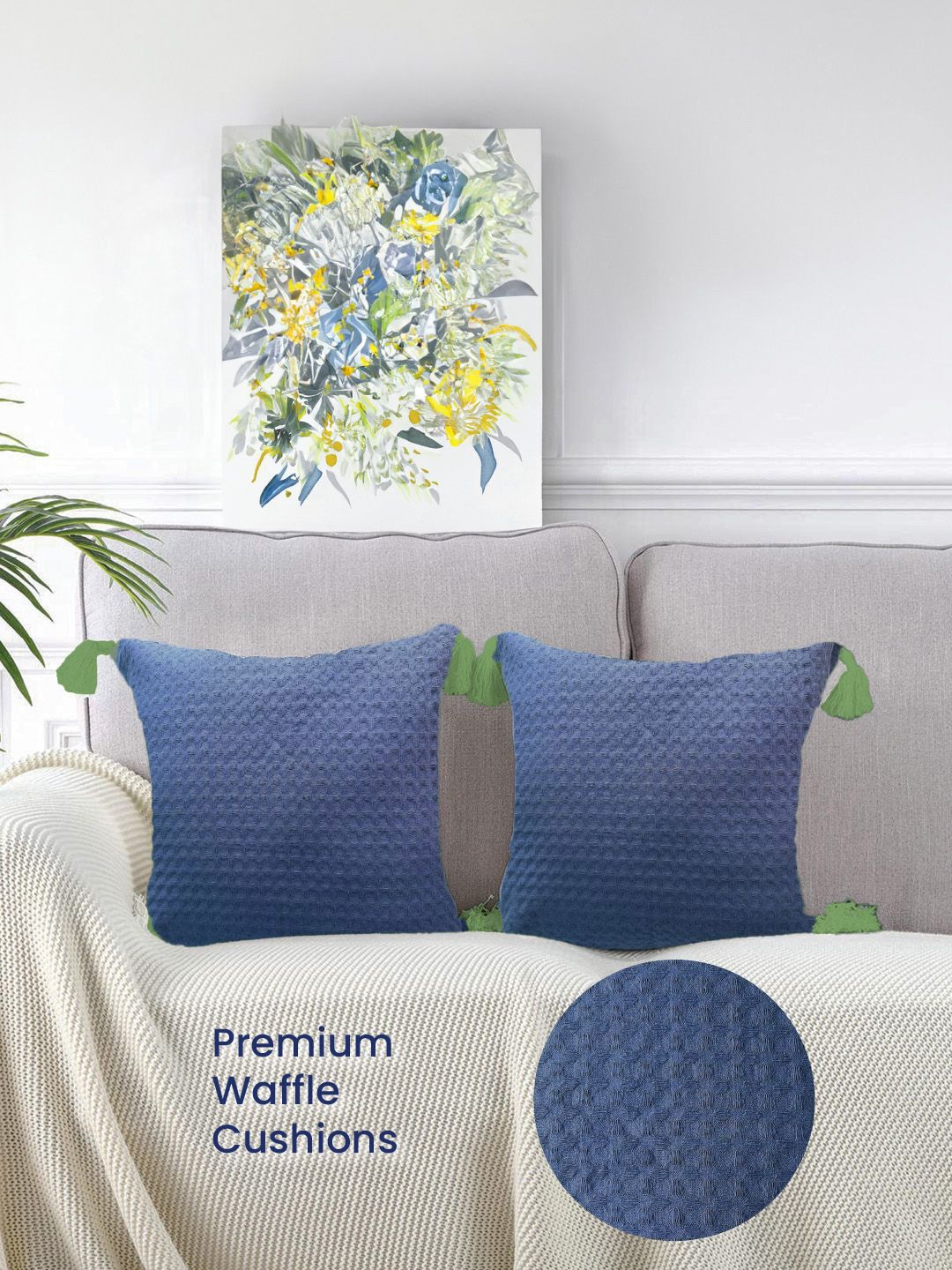 URBAN SPACE Navy Blue & Green 2 Pieces Checked Square Cushion Covers