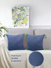 URBAN SPACE Navy Blue & Green 2 Pieces Checked Square Cushion Covers