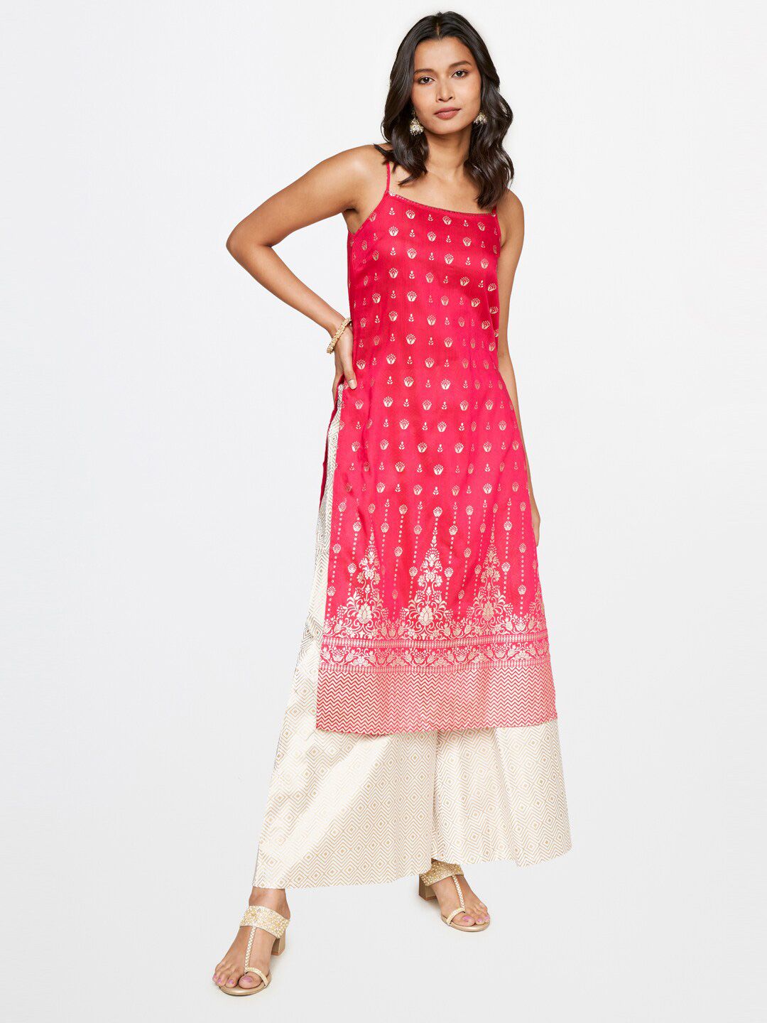 Global Desi Ethnic Motifs Foil Printed Shoulder Straps Kurta with Palazzos