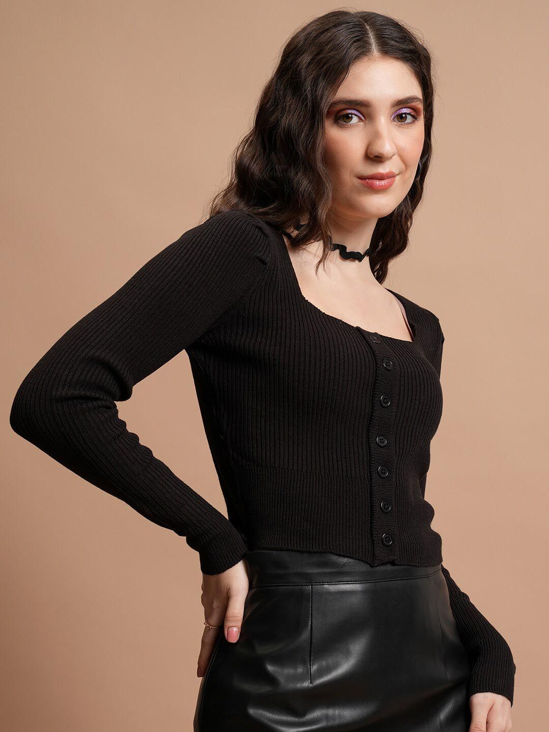 Tokyo Talkies Black Ribbed Crop Acrylic Front-Open Sweaters