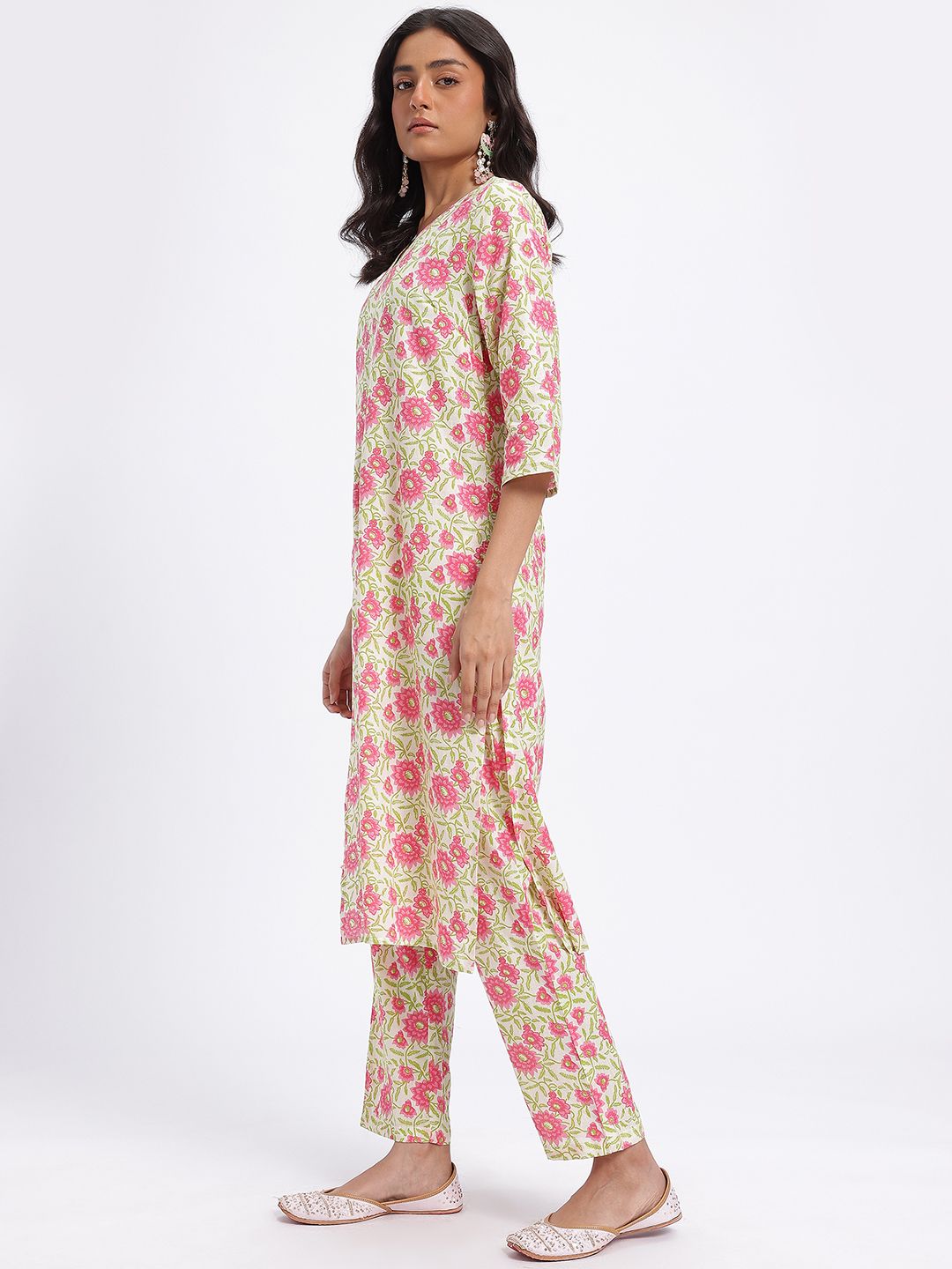 Anouk Floral Printed Pure Cotton Straight Kurta with Trousers & Dupatta