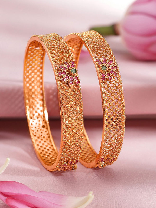Rubans Set 2 22k Gold Plated Ruby Pink & Emerald Green Stone Stone Bangles