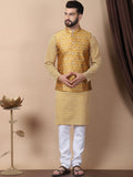 Kurta Kapas Tulen Bersulam Geometri Anouk Mustard Kuning dengan Jaket Churidar & Nehru