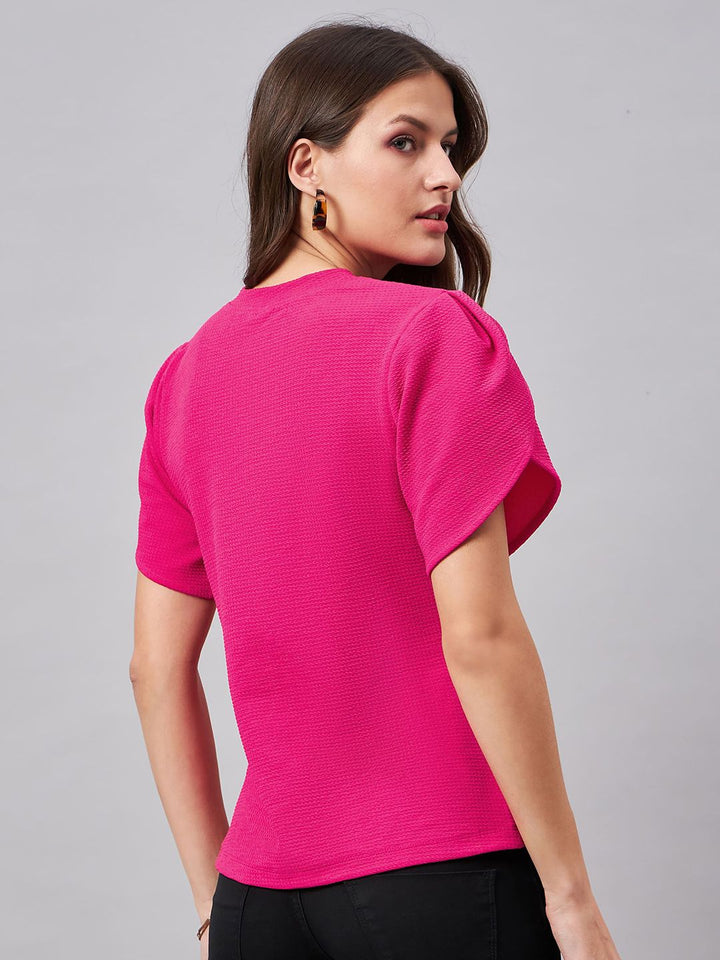 Style Quotient Fuchsia Textured Puff Sleeves Top