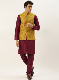 SOJANYA Men Maroon & Mustard Yellow Kurta with Churidar And Nehru Jacket