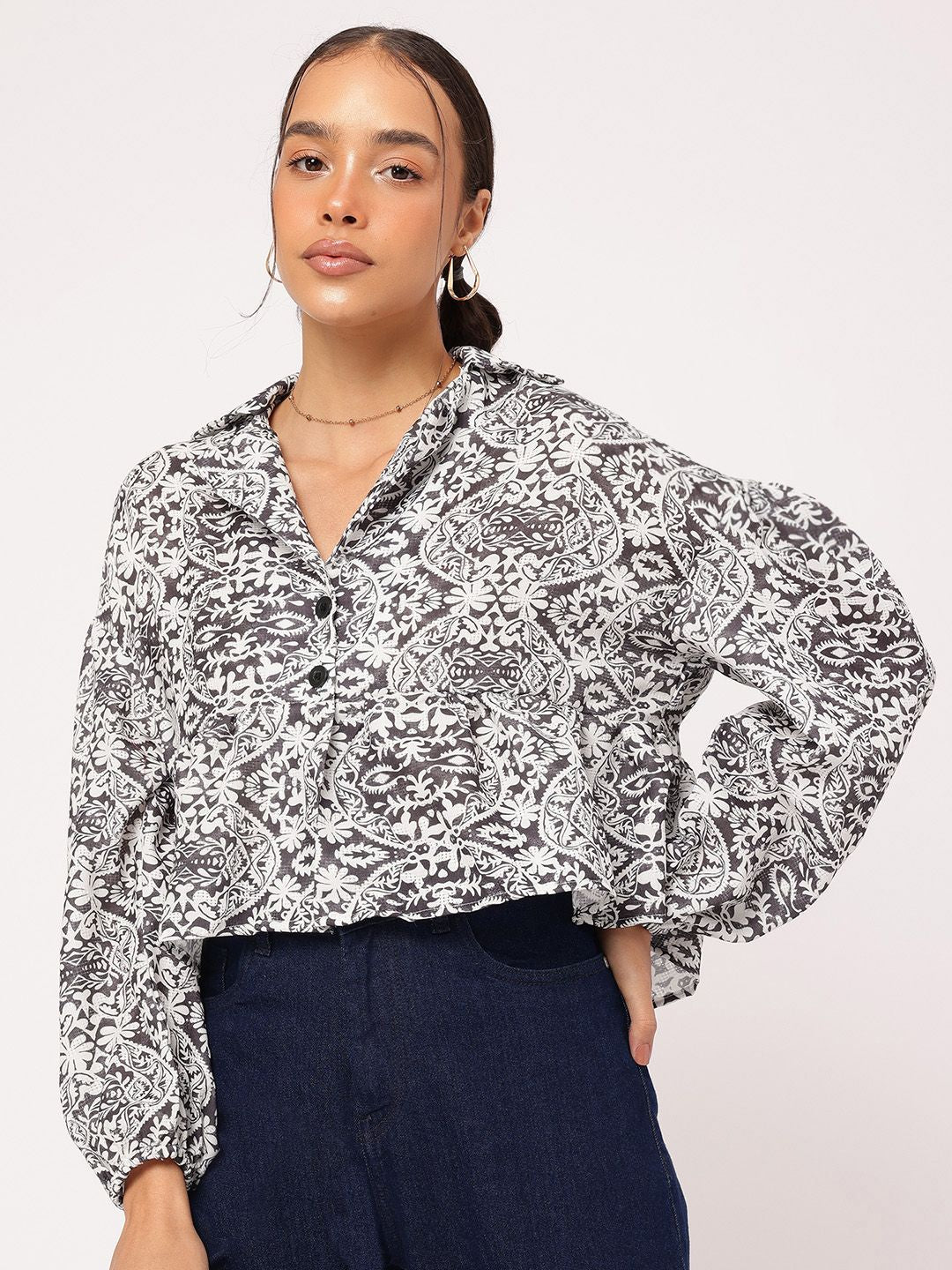 DressBerry Monochrome Mania Ethnic Printed Puff Sleeves Shirt-Style Top