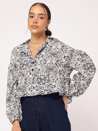 DressBerry Monochrome Mania Ethnic Printed Puff Sleeves Shirt-Style Top