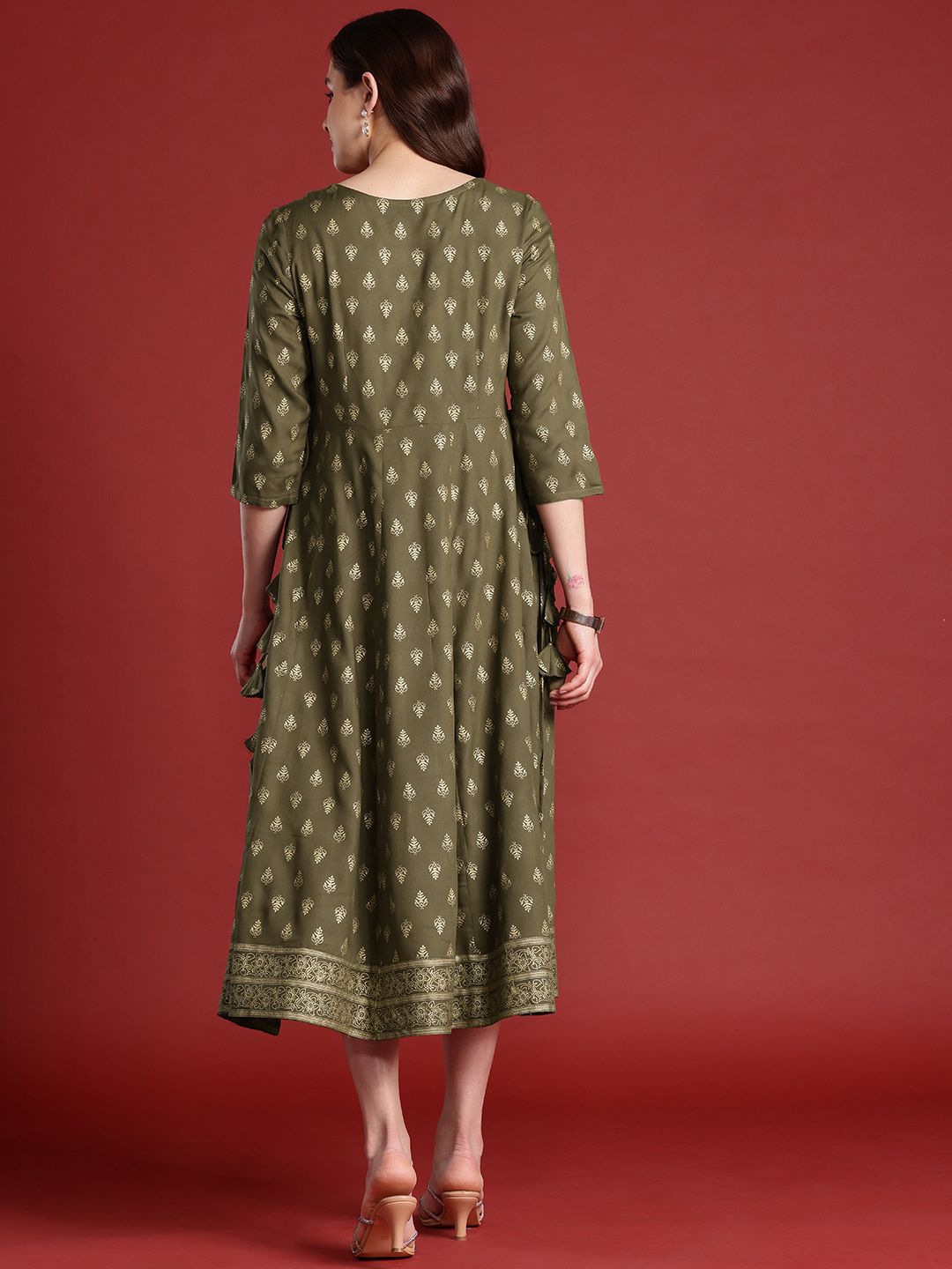 Anouk Tie-Up Tassels Detail Foil Print A-Line Midi Ethnic Dress