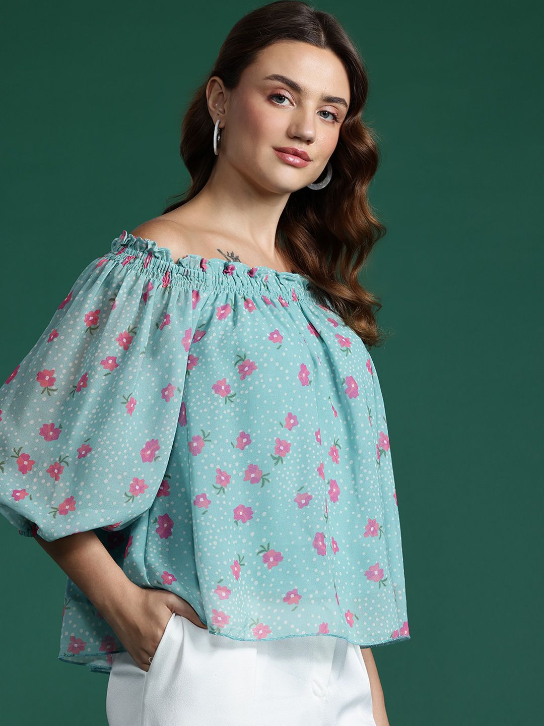 DressBerry Floral Print Off-Shoulder Puff Sleeve Bardot Top