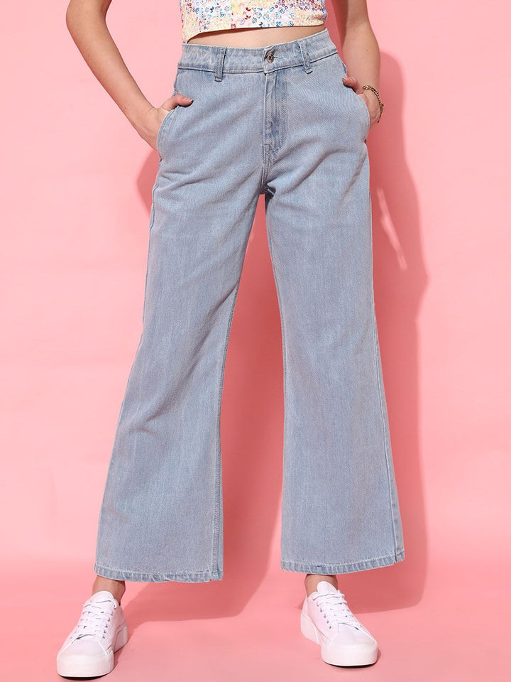 STREET 9 Women Blue Hottie Wide Leg High-Rise Low Distress Jeans