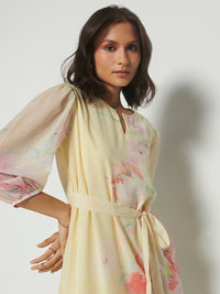 AND Floral Printed Puff Sleeves Gathered Detailed A-Line Dress