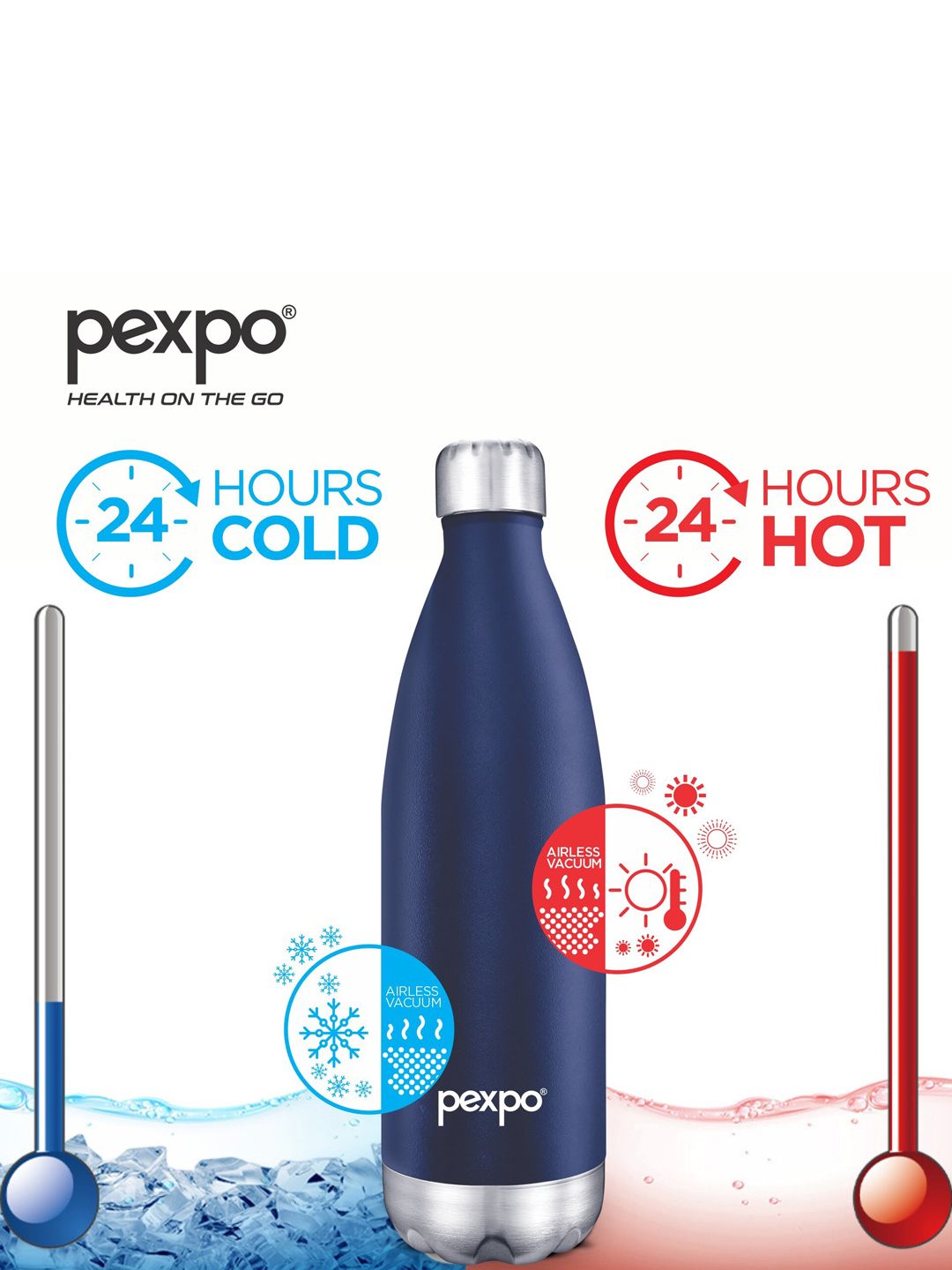Pexpo Electro Denim Blue Thermosteel ISI Certified 24 Hrs Hot Flask Water Bottle 500ml