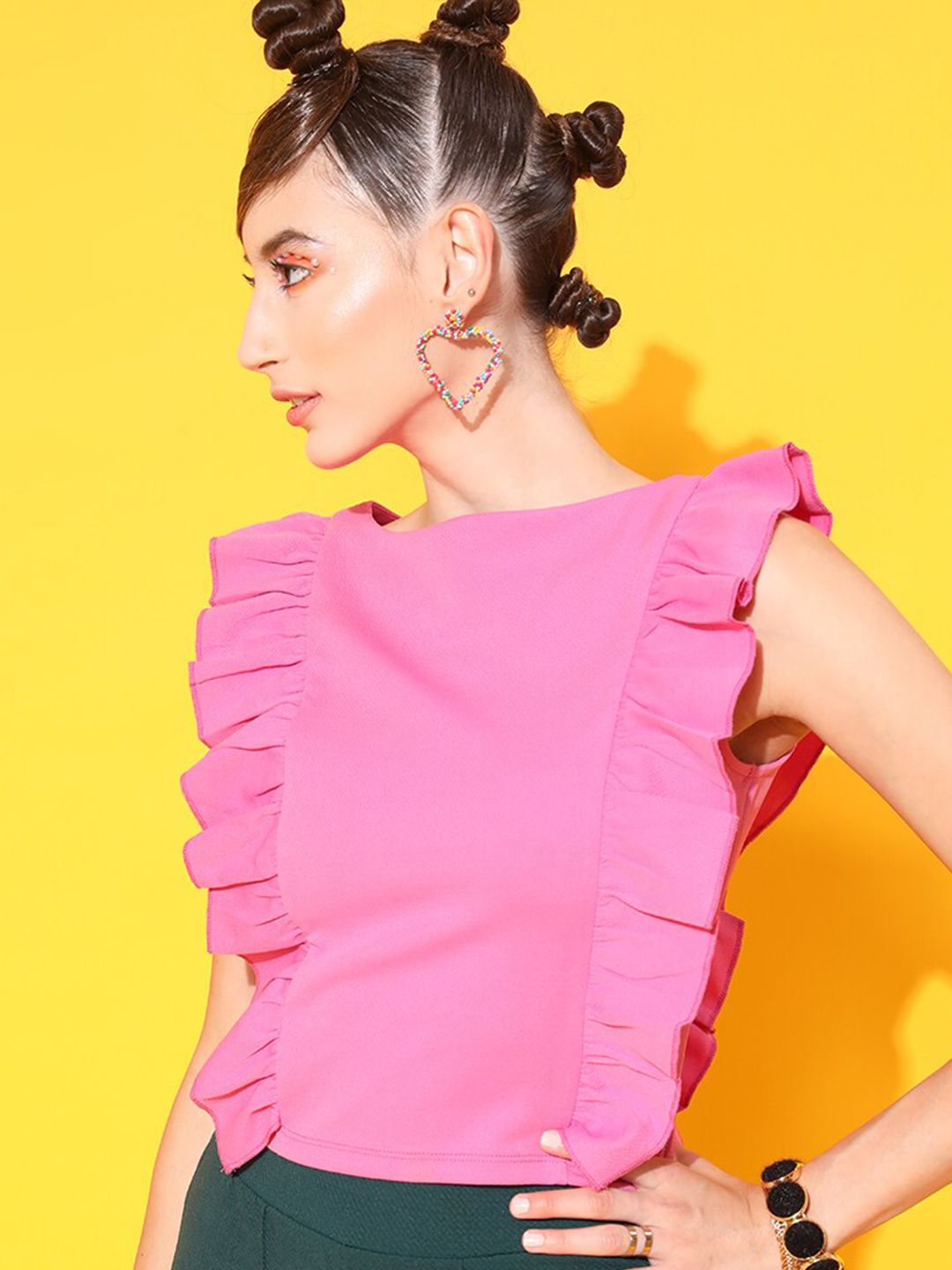 STREET 9 Pink Solid Pleated Round Neck Regular Top
